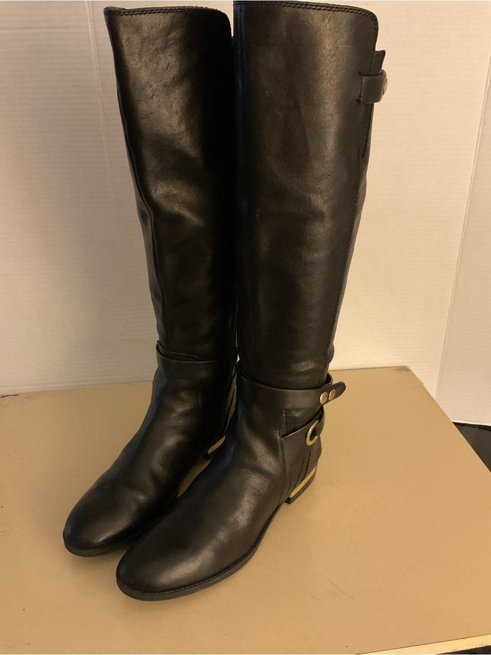 Vince Camuto Black Leather tall knee high riding boots with Gold Hardware US 9 - Picture 2 of 11